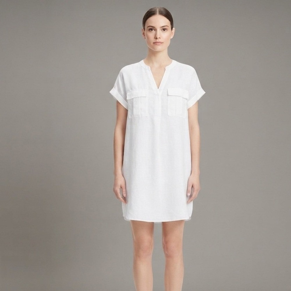 H&M Dress 14 Linen Blend Shirt Shift Short Sleeve Cuff V-Neck Pockets Mini‎